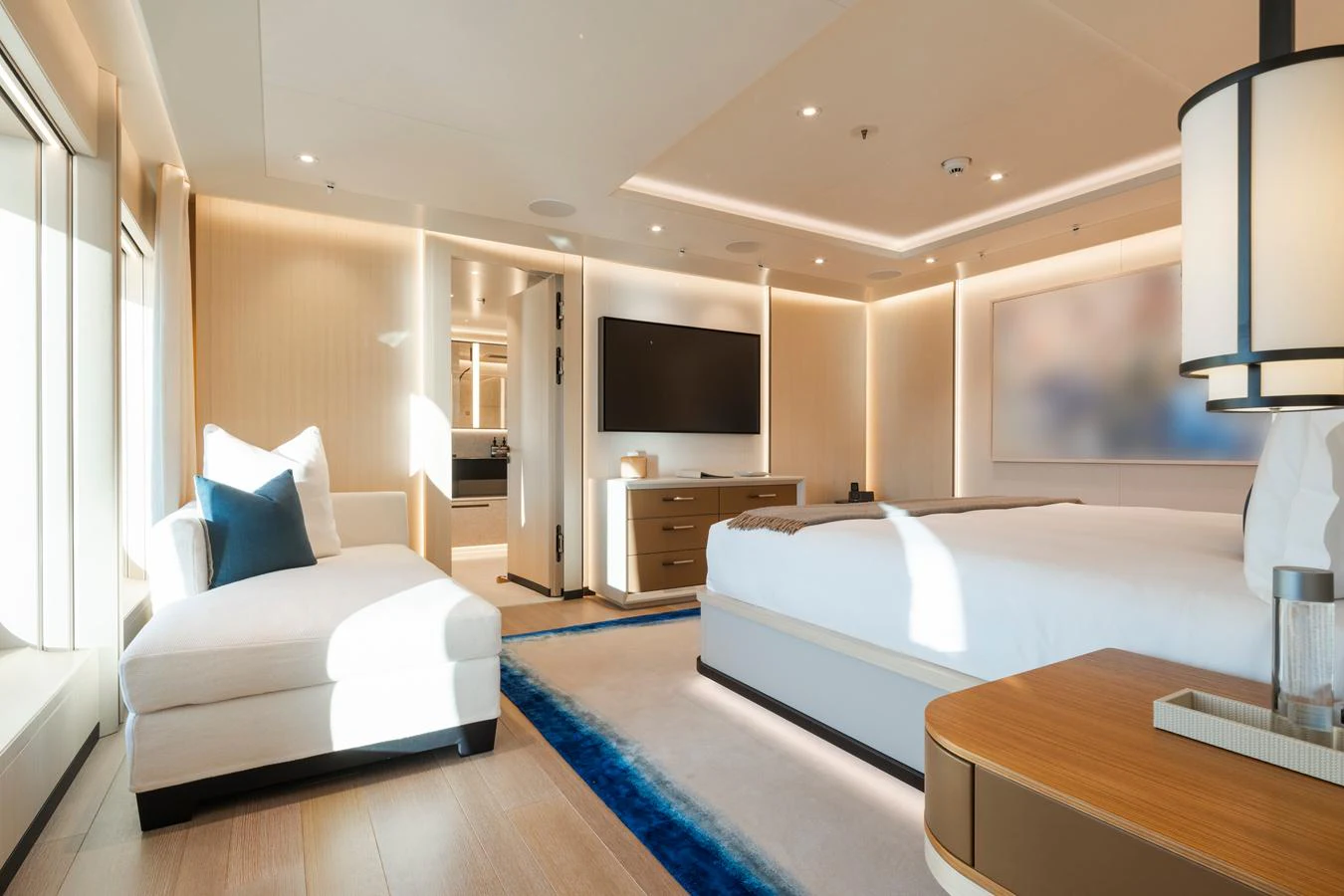 The master stateroom offers a spacious and luxurious retreat with modern furnishings and ample natural light. aboard SYNTHESIS Yacht for Sale