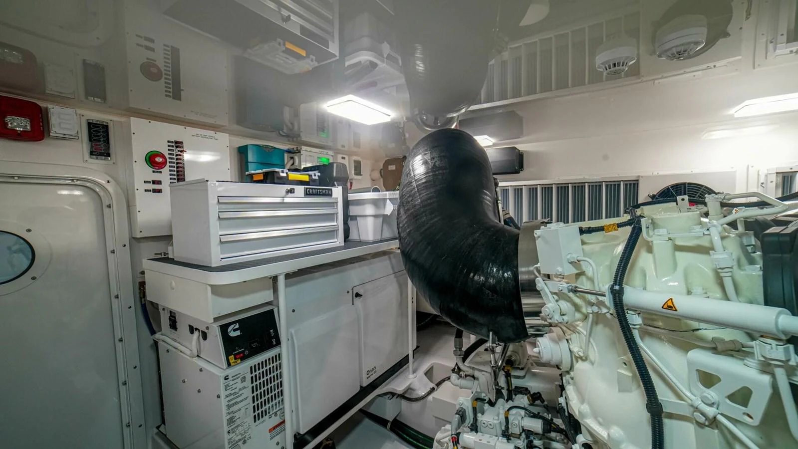 The engine room is equipped with advanced machinery and storage solutions. aboard FREE SPOOL Yacht for Sale
