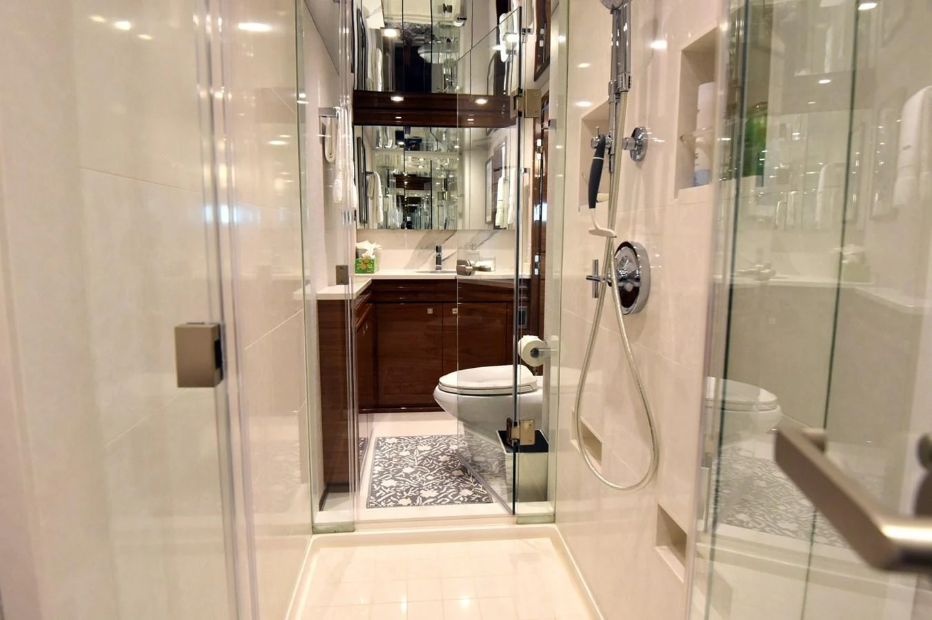 A luxurious yacht bathroom featuring modern fixtures and elegant design. aboard PRIMETIME Yacht for Sale