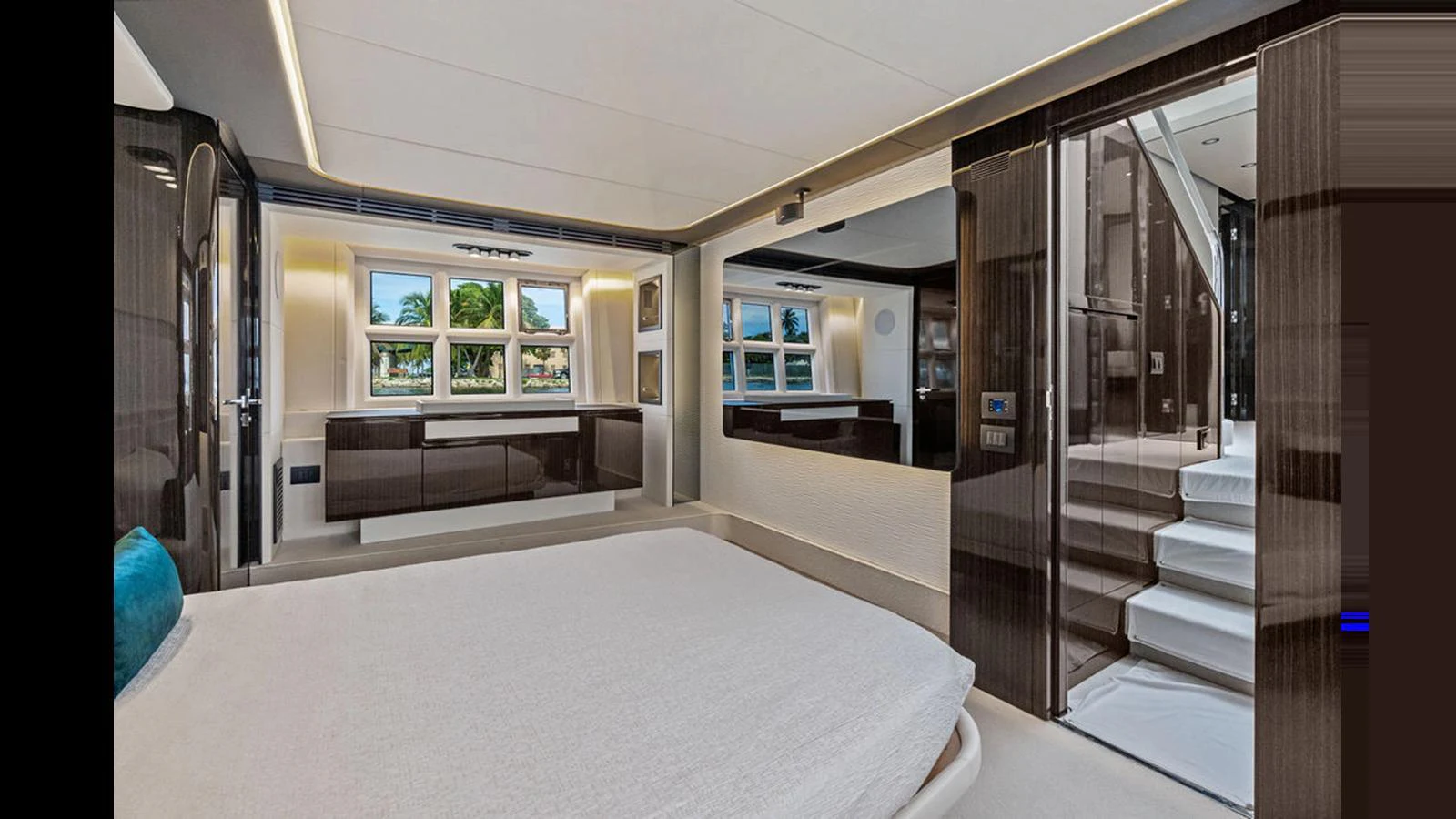 The master stateroom features elegant furnishings and ample natural light. aboard VILLAGGIO Yacht for Sale