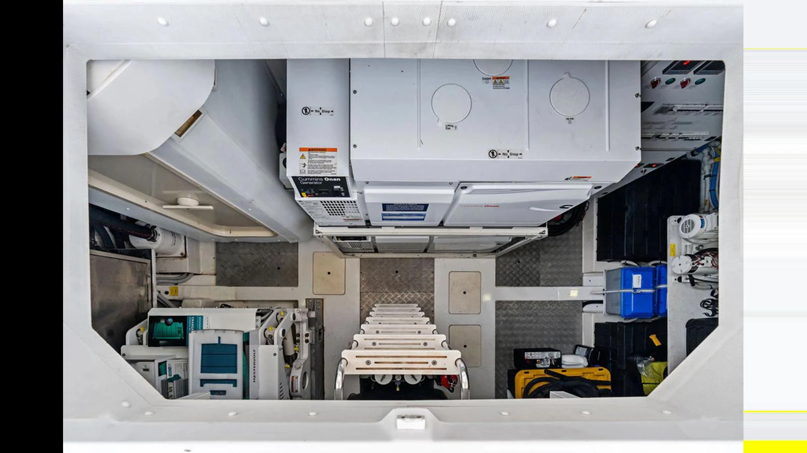 The image showcases the engine room with various equipment and machinery neatly organized. aboard VILLAGGIO Yacht for Sale