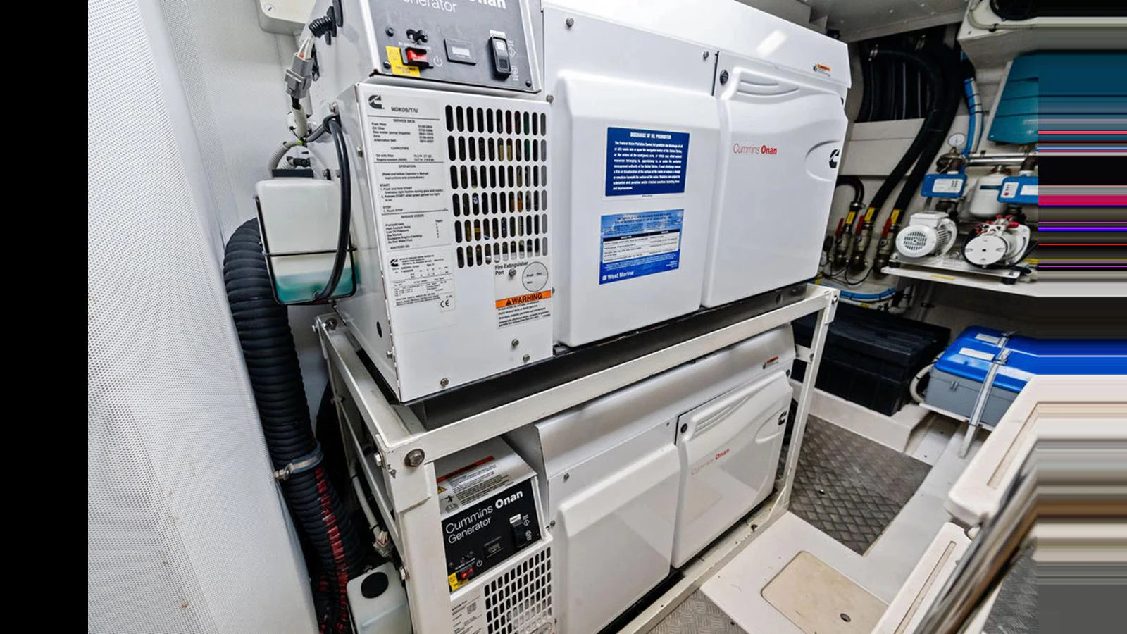 The engine room features well-maintained generators and essential equipment. aboard VILLAGGIO Yacht for Sale