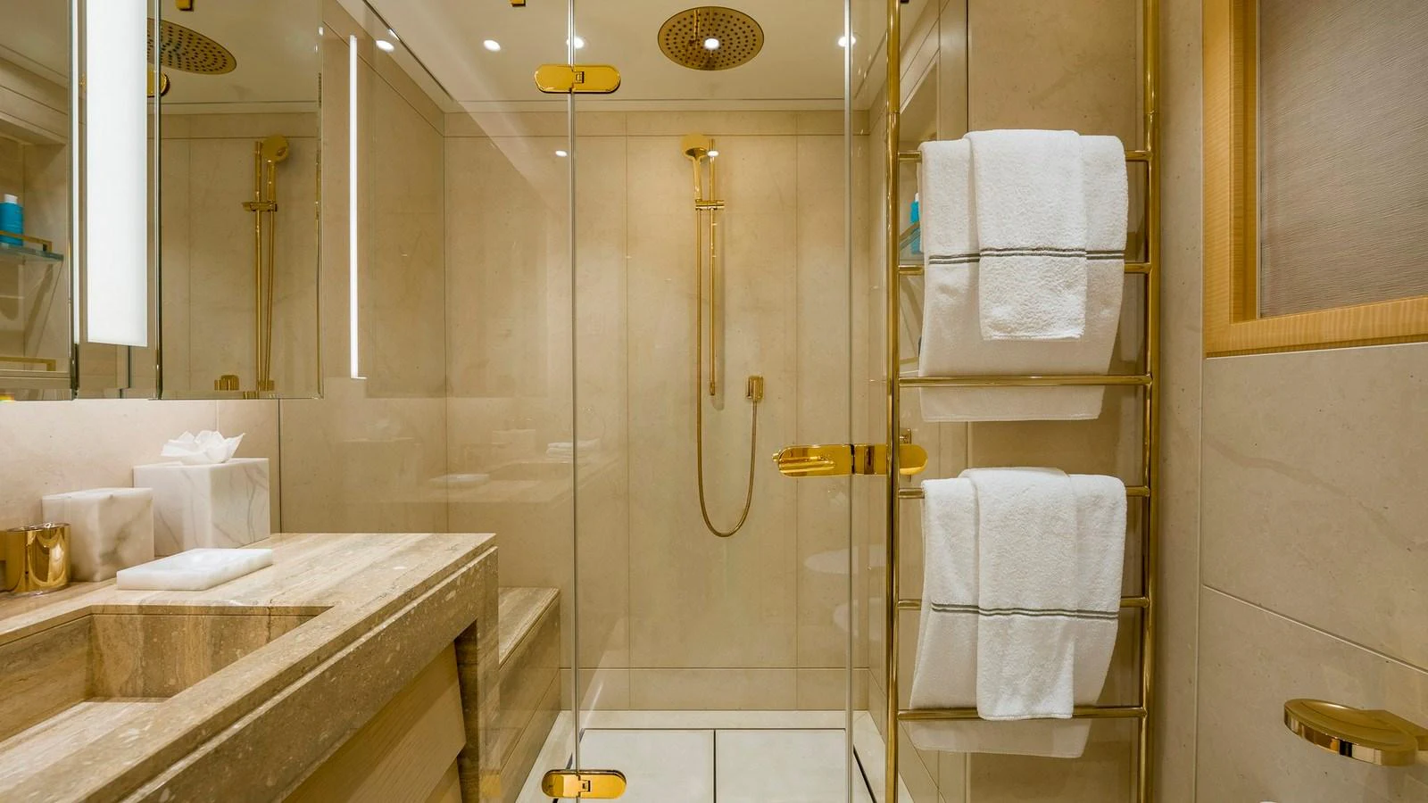 The yacht's bathroom features luxurious fixtures and elegant design. aboard NENINKA Yacht for Sale