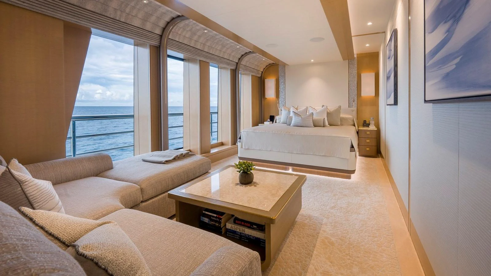The master stateroom offers a luxurious and serene retreat with stunning ocean views. aboard NENINKA Yacht for Sale