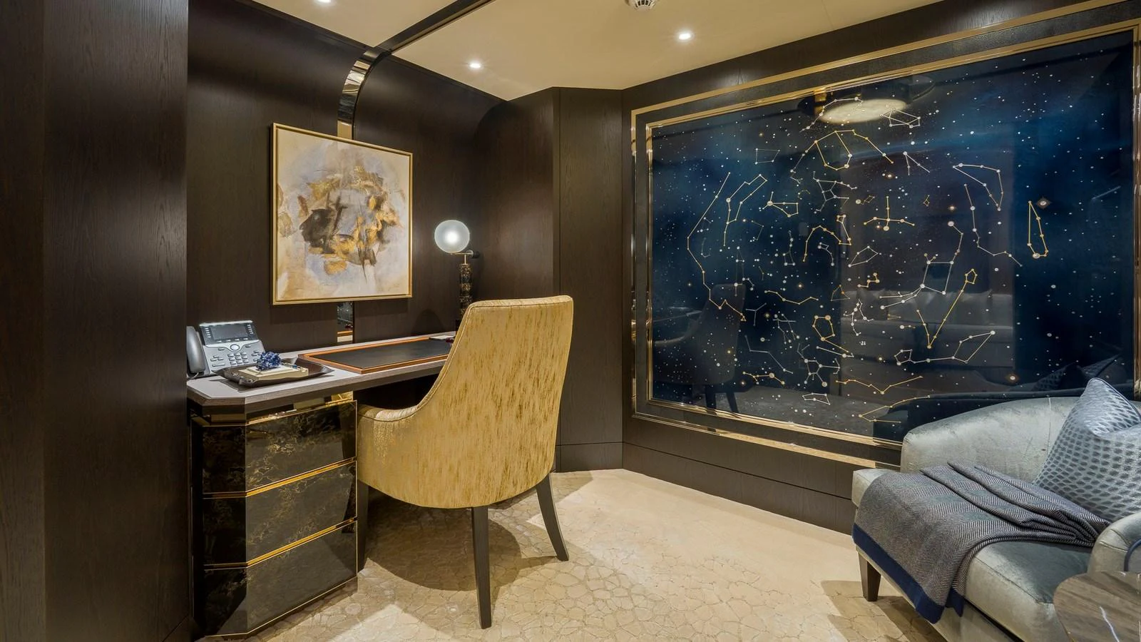 A luxurious study area featuring elegant furnishings and a star map window. aboard NENINKA Yacht for Sale