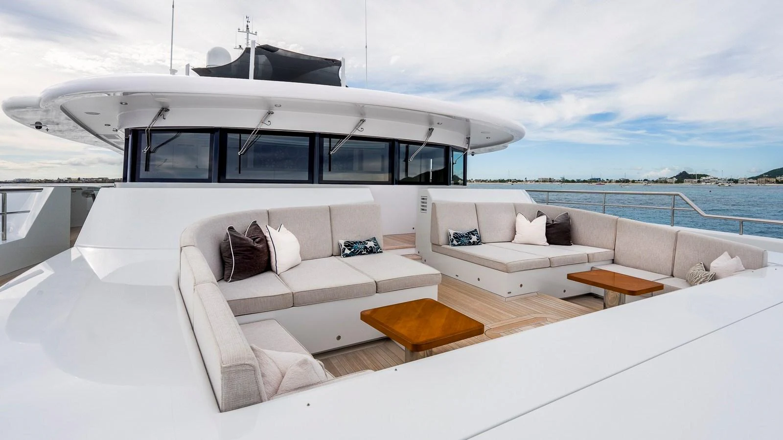 The flybridge offers a spacious and comfortable seating area with stunning views of the surrounding waters. aboard NENINKA Yacht for Sale