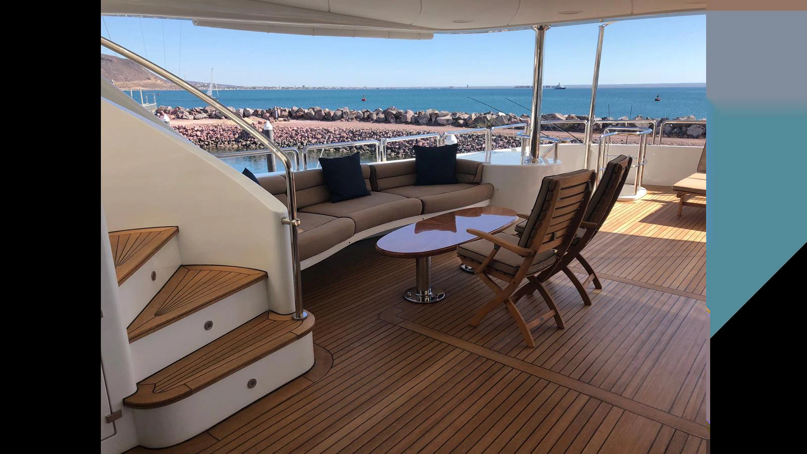 The aft deck features comfortable seating and a stunning view of the water. aboard ALBATROSS Yacht for Sale