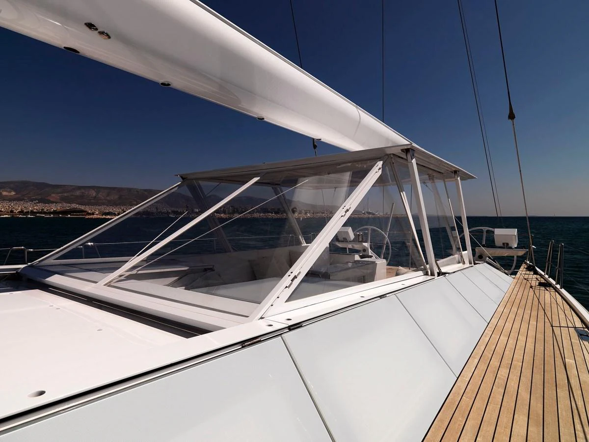 The yacht's flybridge offers a sleek and modern design with ample seating and panoramic views. aboard S/Y SENTINEL Yacht for Sale