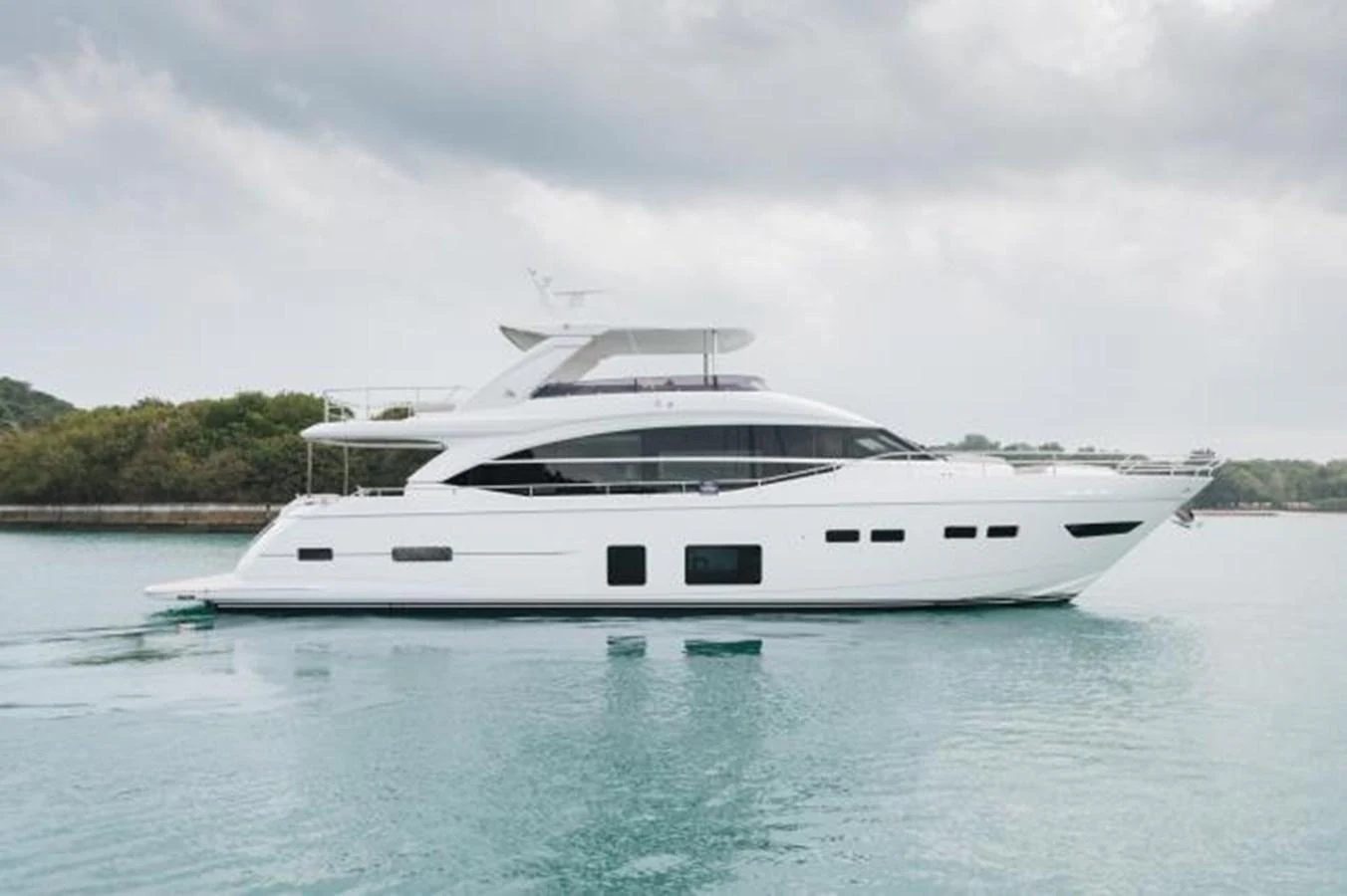 A sleek and modern yacht glides gracefully on calm waters under a cloudy sky. aboard PRINCESS CHLOE Yacht for Sale
