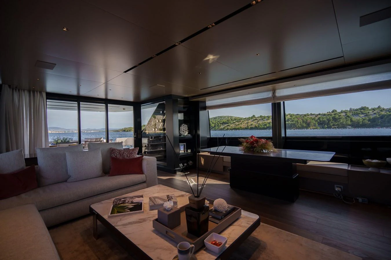 The salon offers a luxurious and comfortable space with panoramic views of the surrounding waters. aboard DESTINO Yacht for Sale