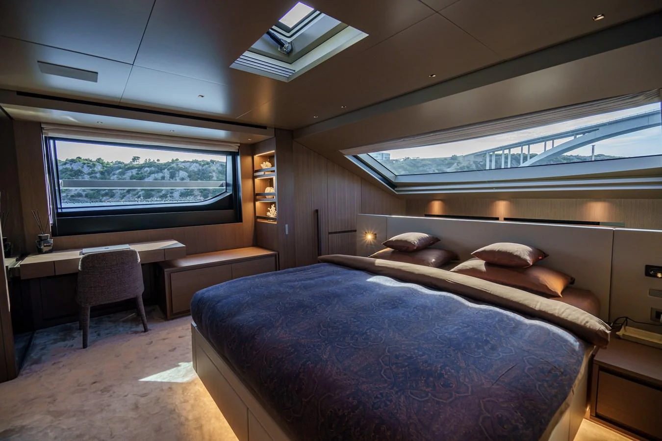 The master stateroom offers a luxurious and spacious retreat with panoramic views and elegant furnishings. aboard DESTINO Yacht for Sale