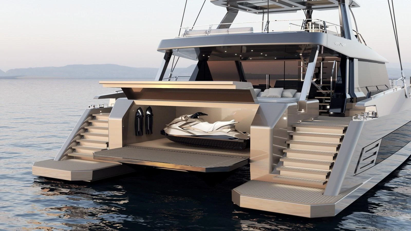 The yacht's aft deck features a spacious area with a tender garage, showcasing a sleek design and luxurious amenities. aboard MOON 70 SAIL Yacht for Sale