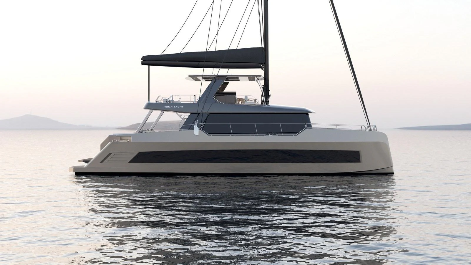 A sleek and modern yacht glides gracefully on calm waters at sunset. aboard MOON 70 SAIL Yacht for Sale