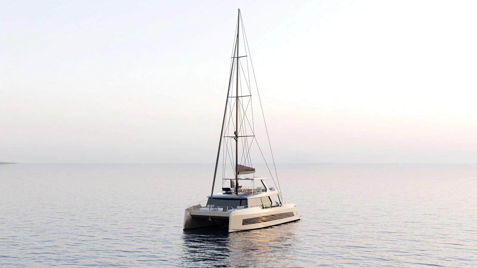A sleek and modern catamaran yacht sails peacefully on calm waters at dusk. aboard MOON 70 SAIL Yacht for Sale