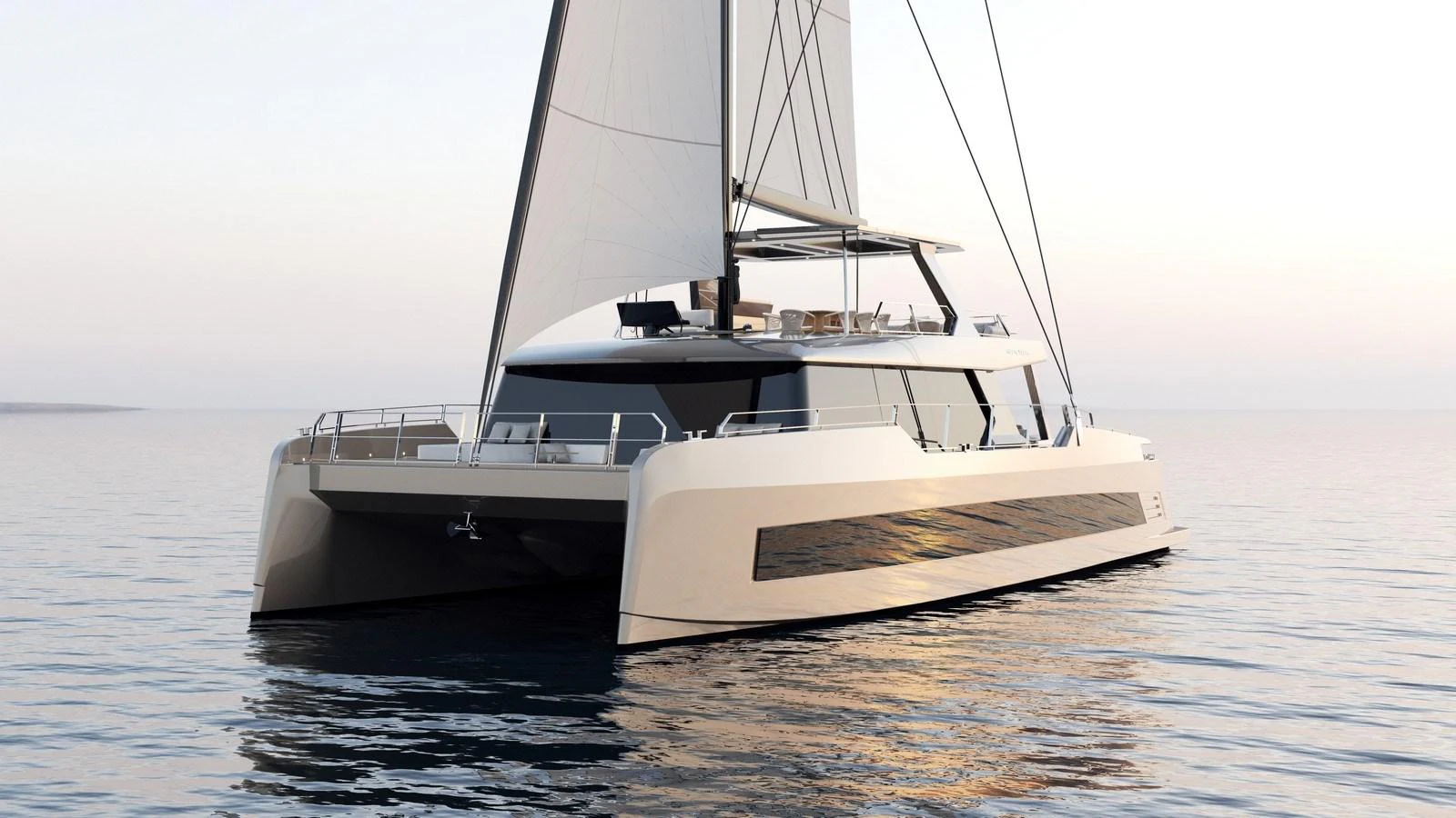 A sleek and modern catamaran yacht sails gracefully on calm waters at sunset. aboard MOON 70 SAIL Yacht for Sale
