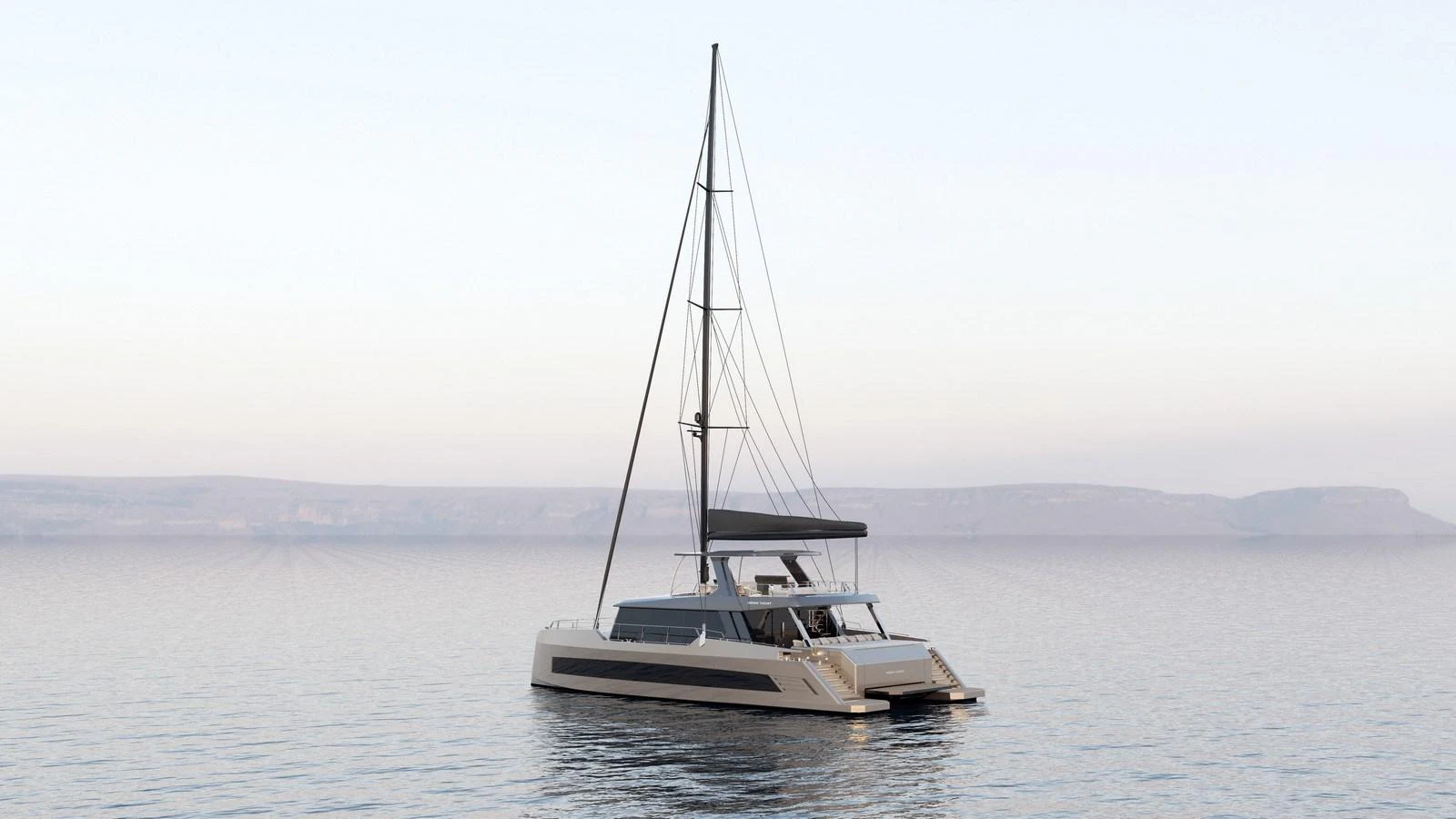 A sleek catamaran yacht glides gracefully on calm waters against a serene backdrop. aboard MOON 70 SAIL Yacht for Sale
