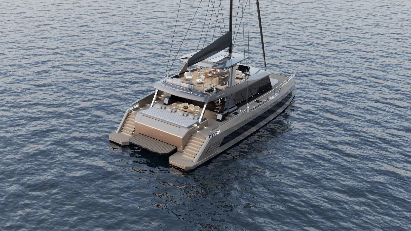 A luxurious catamaran yacht with a spacious aft deck and sleek design, floating gracefully on calm waters. aboard MOON 70 SAIL Yacht for Sale