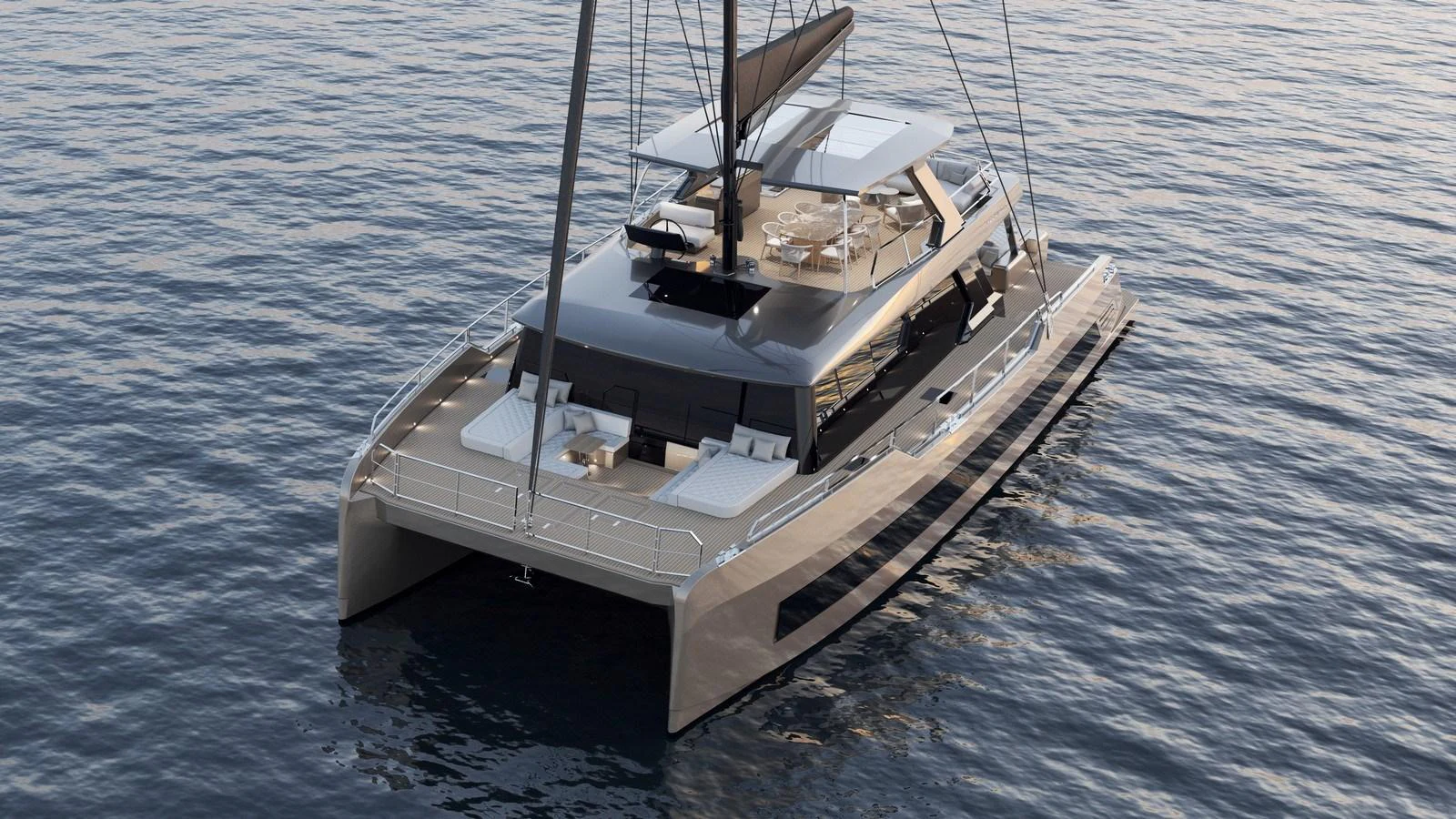 A sleek and modern catamaran yacht glides gracefully on calm waters. aboard MOON 70 SAIL Yacht for Sale