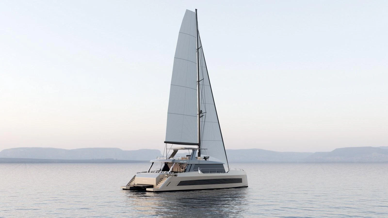 A sleek, modern catamaran glides gracefully on calm waters at dusk. aboard MOON 70 SAIL Yacht for Sale
