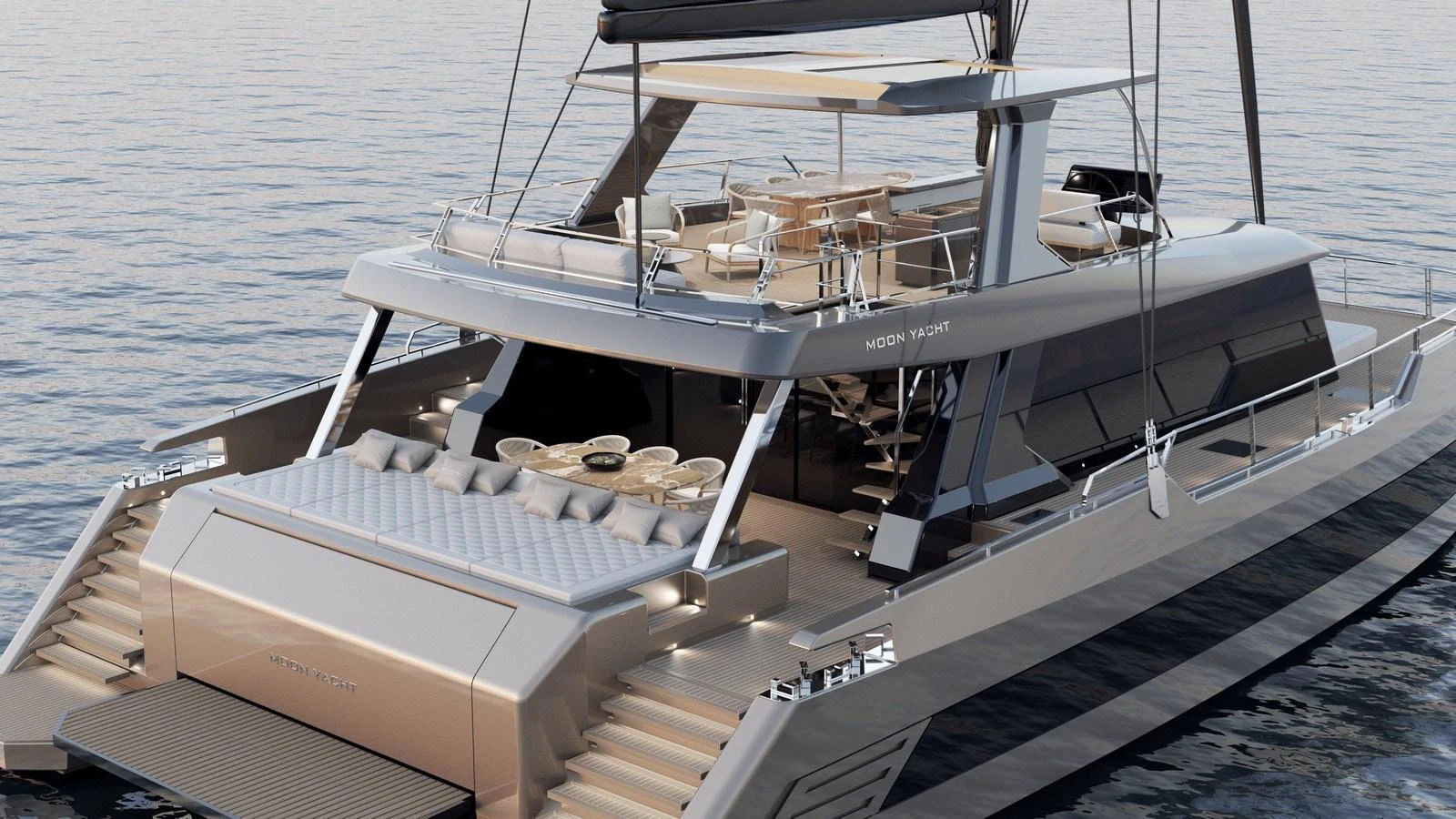 The yacht features a spacious aft deck with luxurious seating and dining areas. aboard MOON 70 SAIL Yacht for Sale