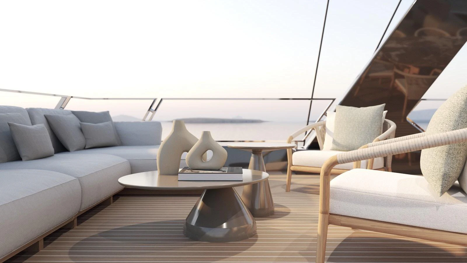 The sundeck offers a serene lounging area with modern furniture and a stunning sea view. aboard MOON 70 SAIL Yacht for Sale