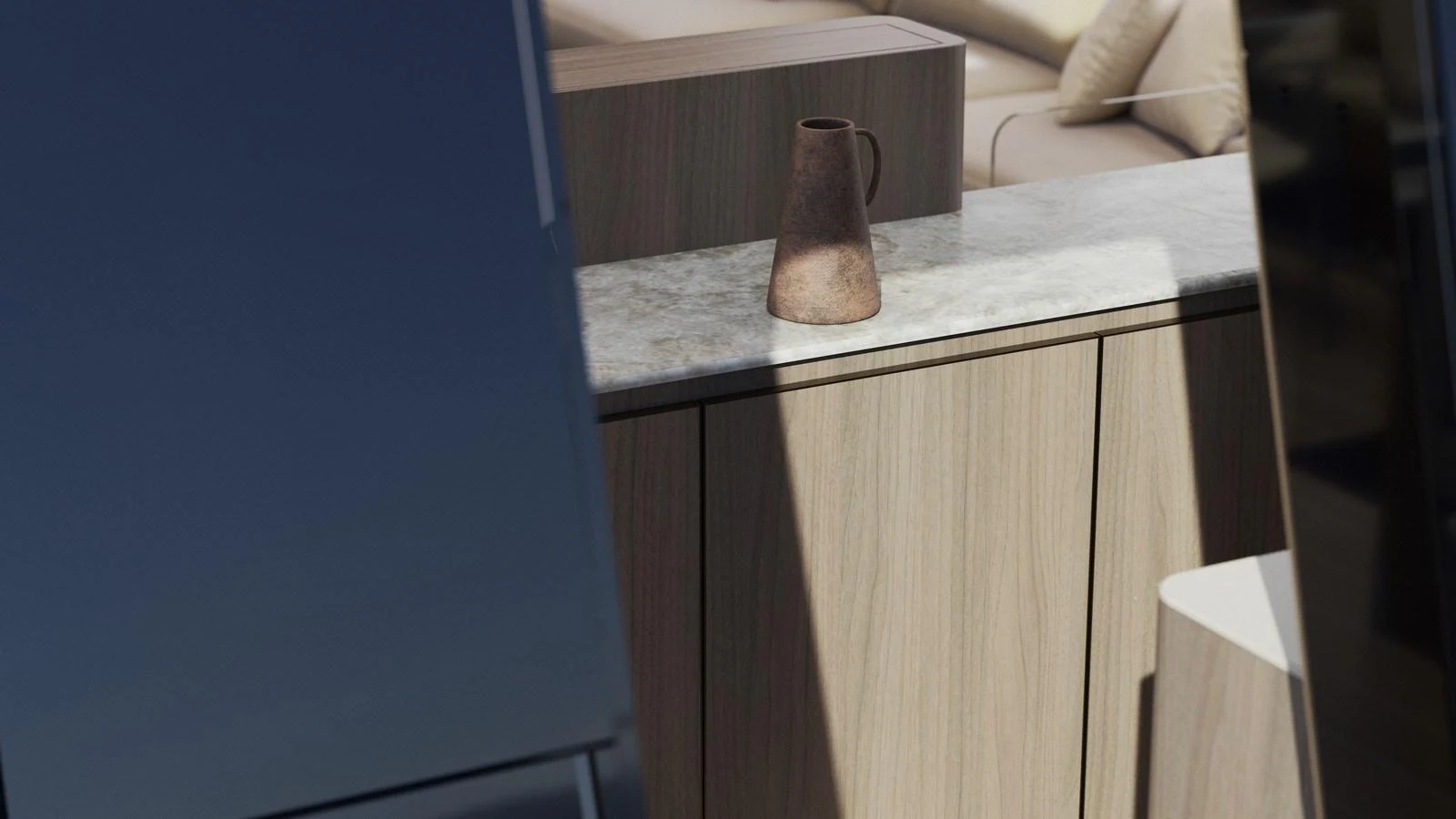 A close-up view of a stylish cabinet with a rustic jug on top, highlighting the yacht's refined interior design. aboard MOON 70 SAIL Yacht for Sale