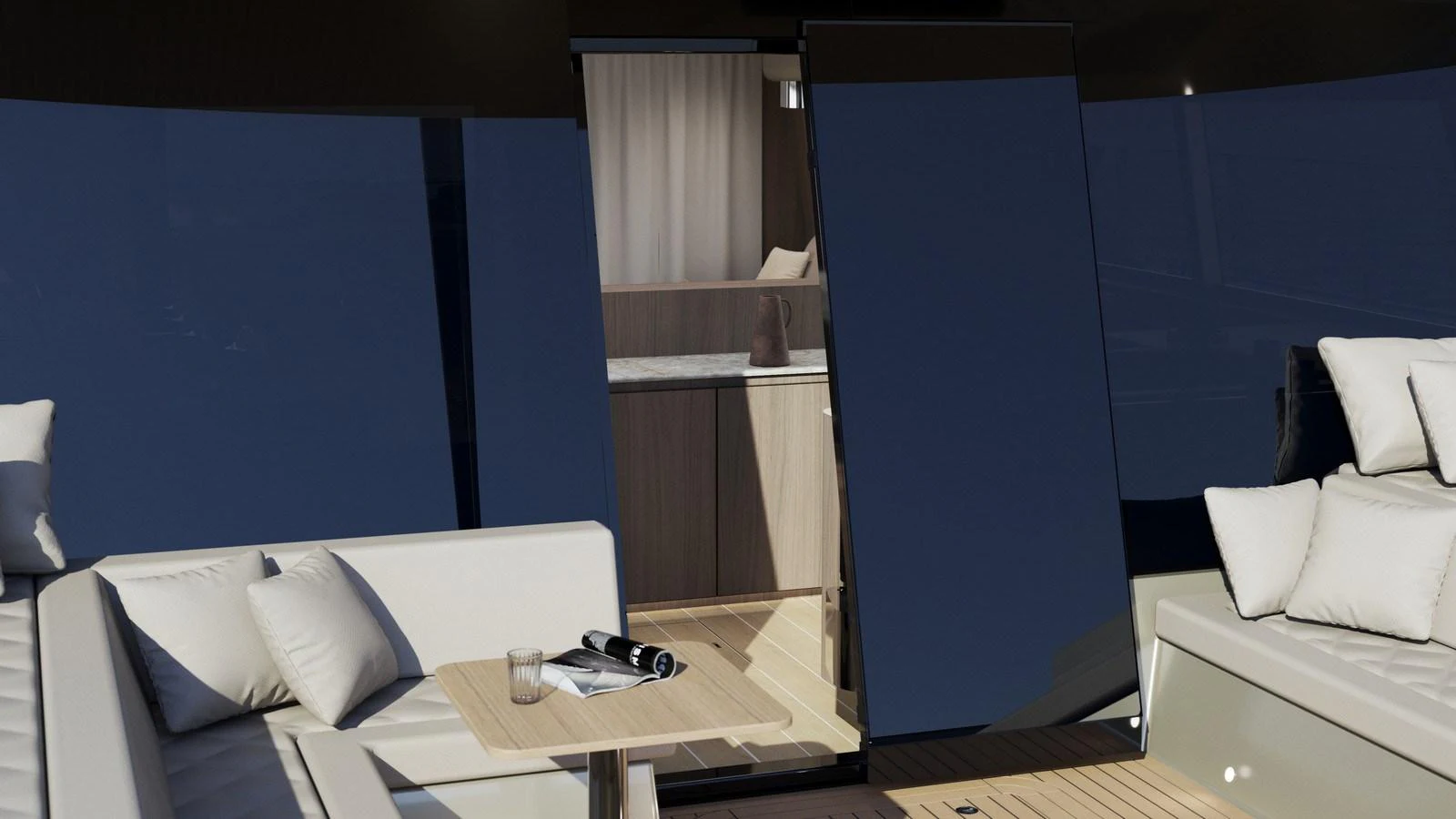 The yacht's salon features a sleek, modern design with comfortable seating and elegant decor. aboard MOON 70 SAIL Yacht for Sale