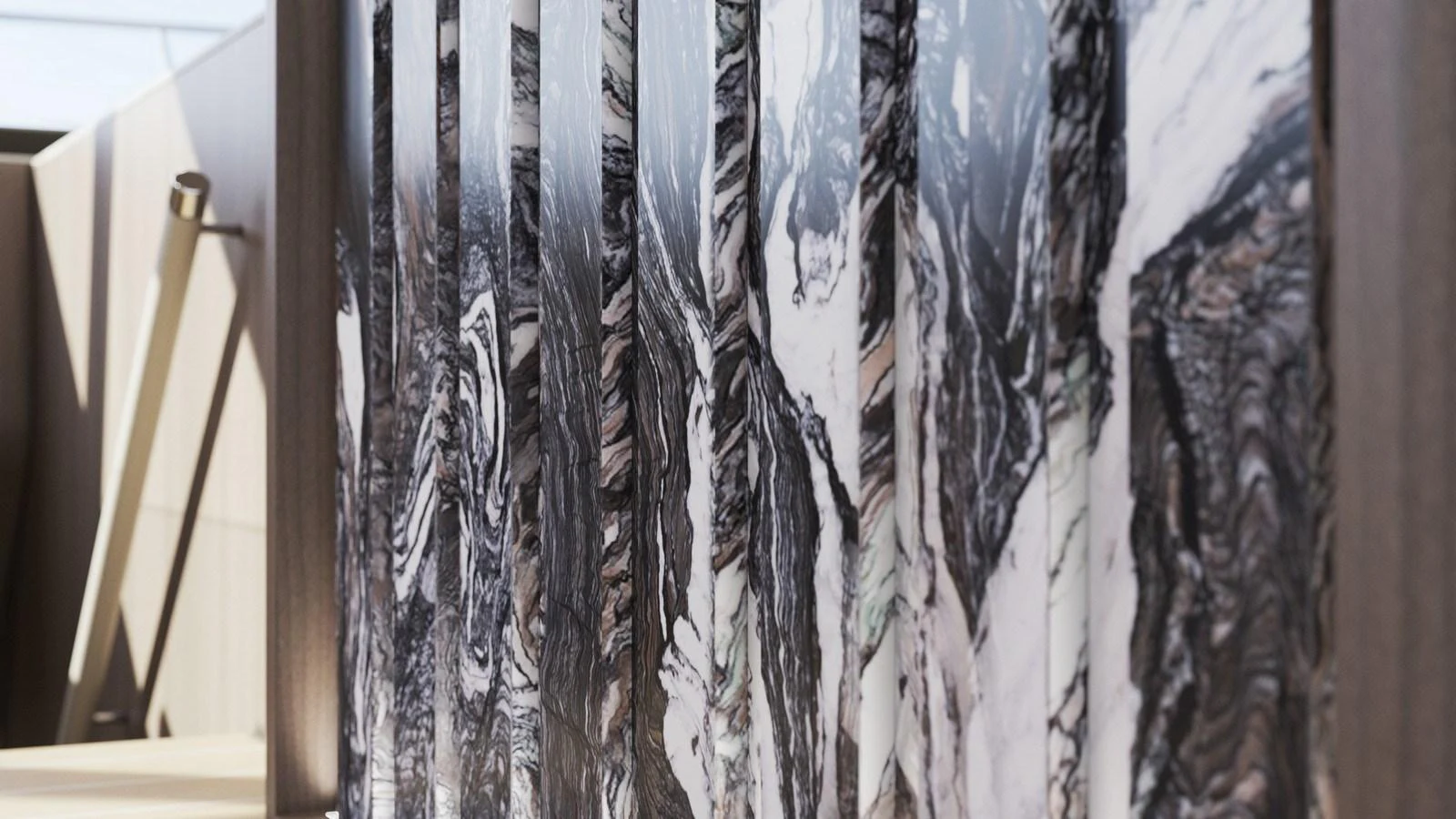 A close-up view of a beautifully patterned marble wall feature on the yacht. aboard MOON 70 SAIL Yacht for Sale