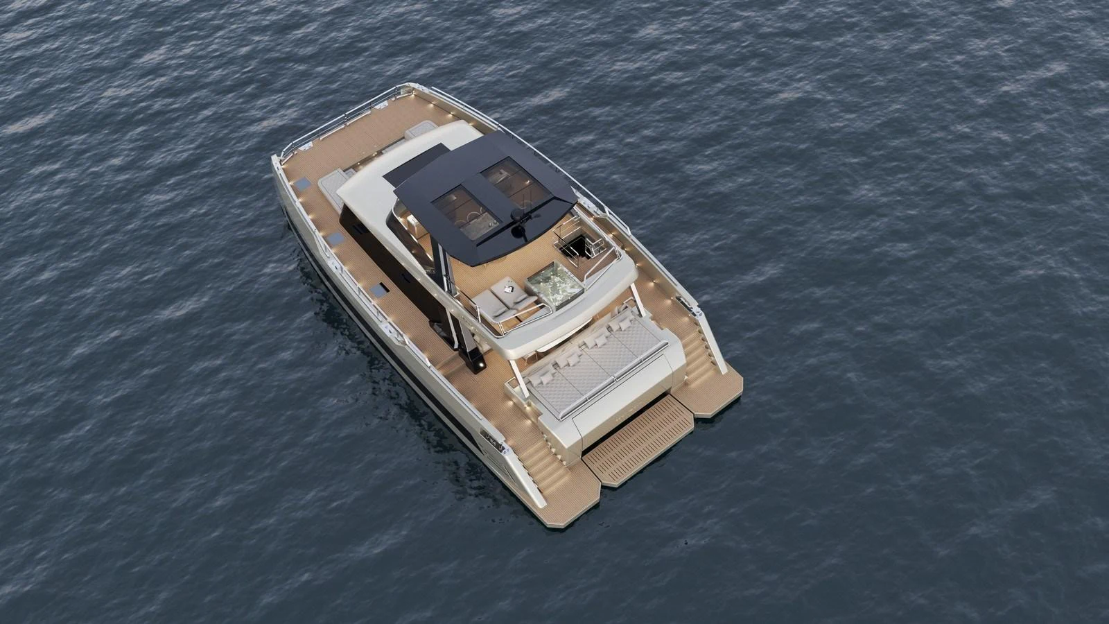 A sleek and modern yacht is seen from above, showcasing its spacious deck and elegant design. aboard NEW MOON 70 POWER Yacht for Sale