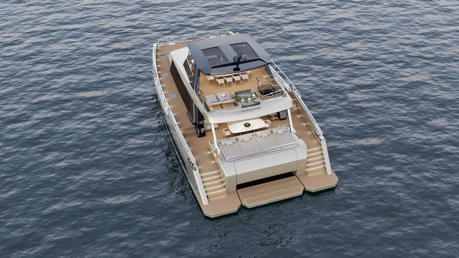A luxurious yacht with spacious outdoor decks and modern design on calm waters. aboard NEW MOON 70 POWER Yacht for Sale