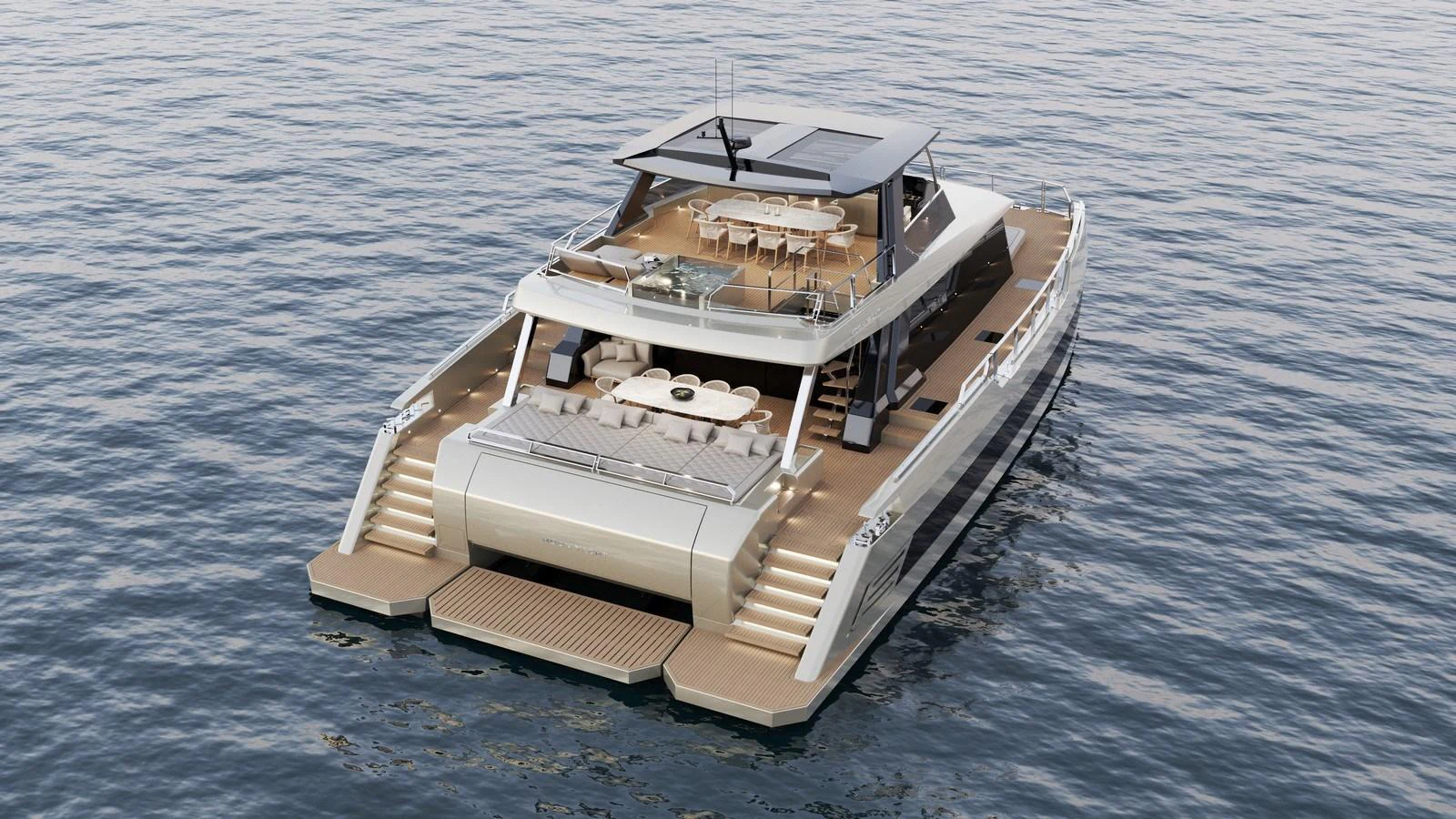 A luxurious yacht with spacious outdoor decks and modern design cruising on calm waters. aboard NEW MOON 70 POWER Yacht for Sale