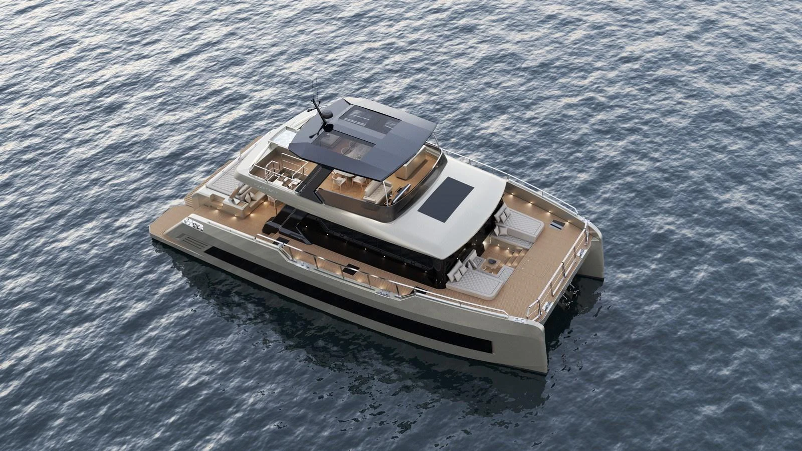 A sleek and modern yacht glides gracefully on calm waters, showcasing its spacious deck and stylish design. aboard NEW MOON 70 POWER Yacht for Sale