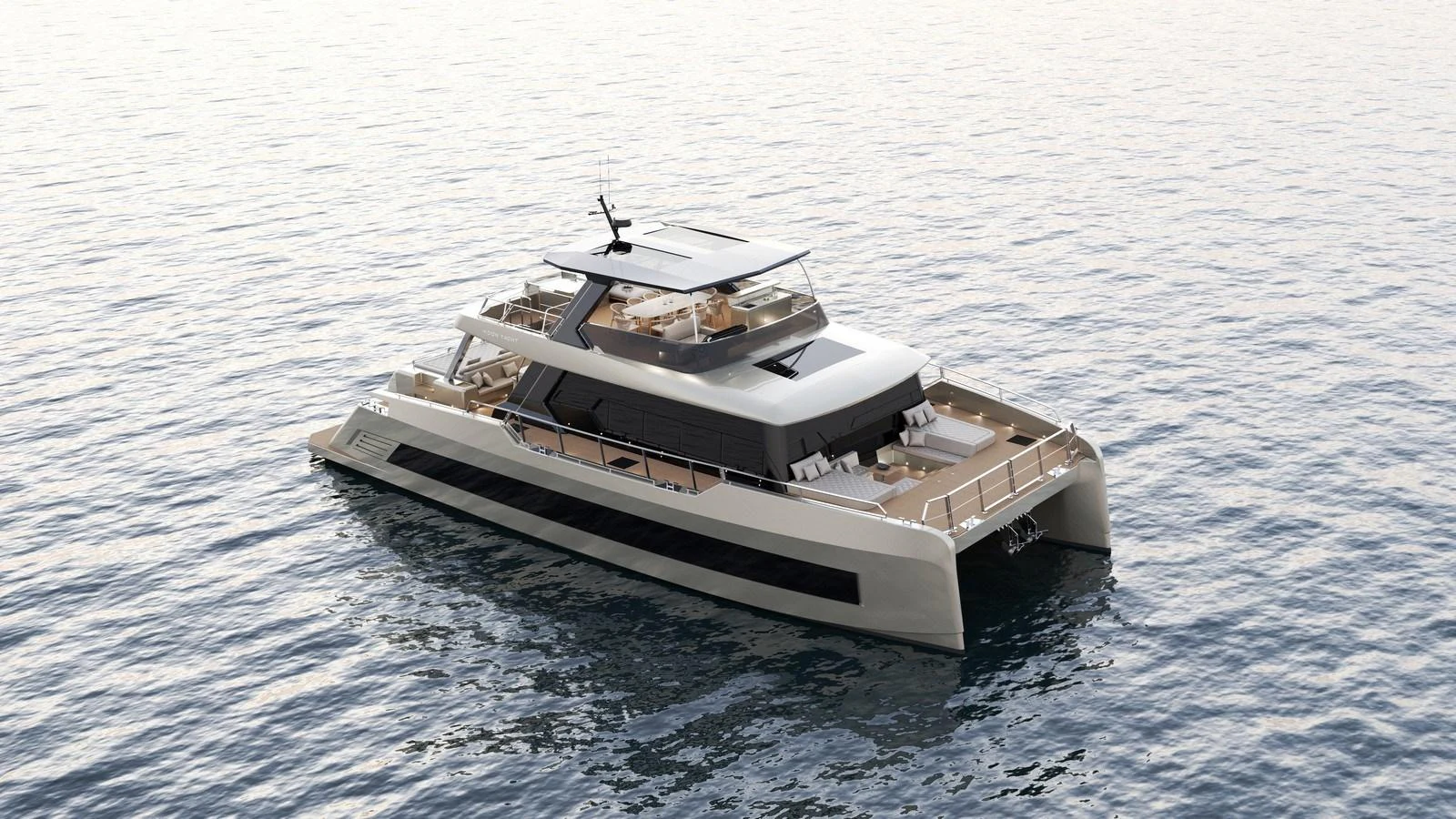 A sleek and modern yacht cruising on calm waters, showcasing its spacious deck and stylish design. aboard NEW MOON 70 POWER Yacht for Sale