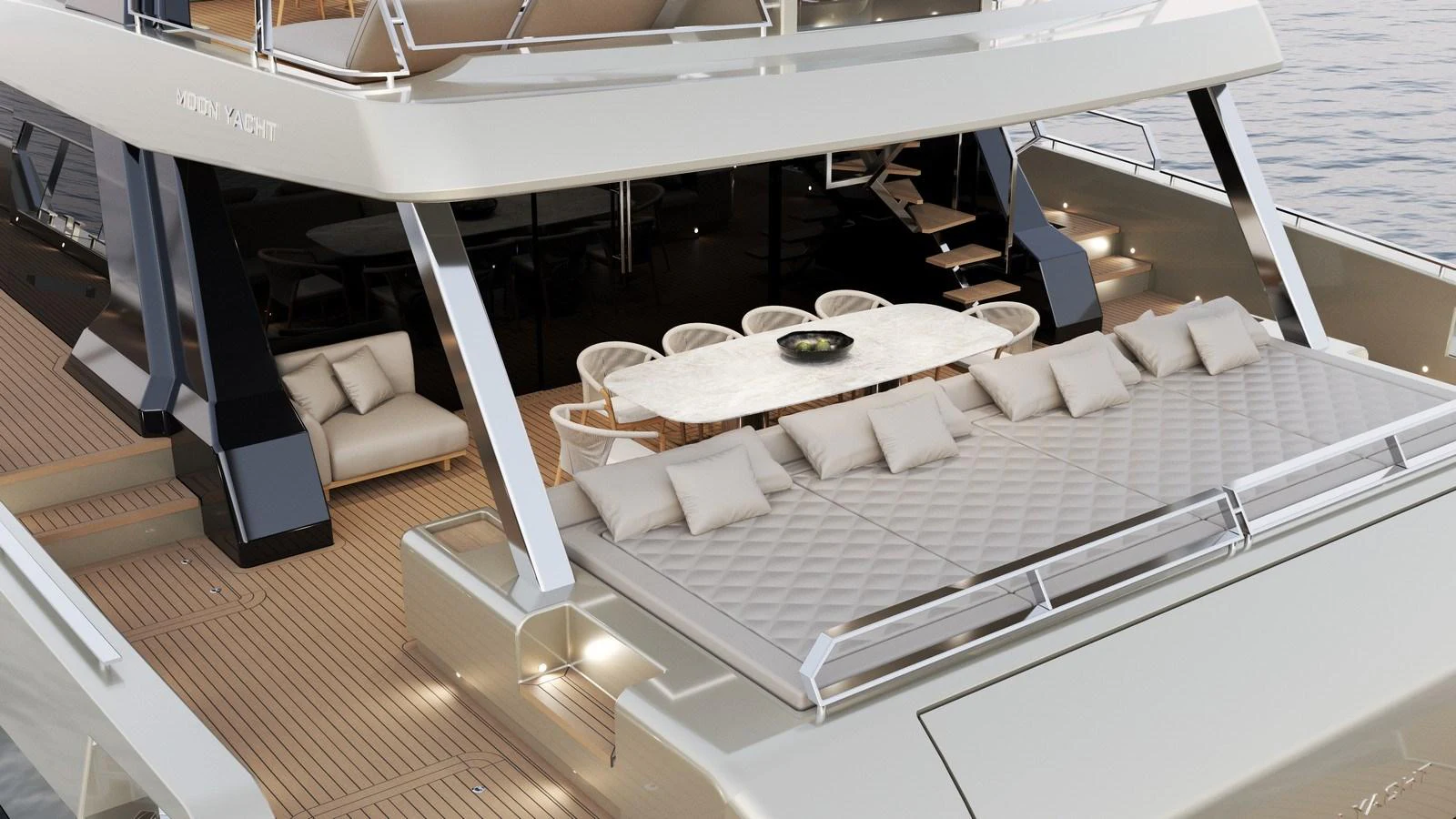The yacht's aft deck features a spacious lounging area and a dining table for outdoor meals. aboard NEW MOON 70 POWER Yacht for Sale