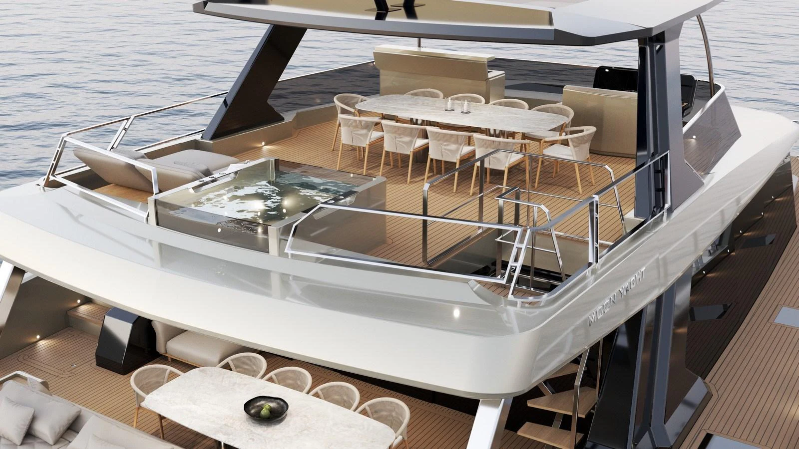 The yacht's aft deck features a spacious dining area with elegant seating and a modern table. aboard NEW MOON 70 POWER Yacht for Sale