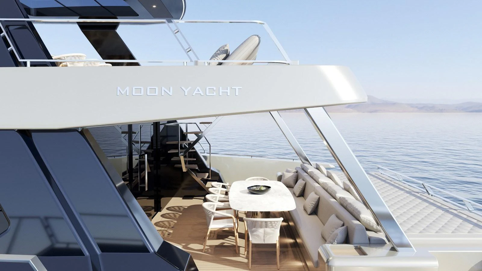 The aft deck features a comfortable seating area with a dining table, perfect for enjoying meals with a view of the sea. aboard NEW MOON 70 POWER Yacht for Sale