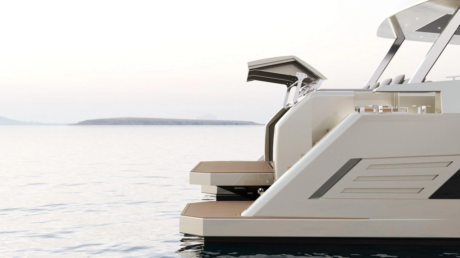 A sleek yacht with modern design elements is anchored in calm waters. aboard NEW MOON 70 POWER Yacht for Sale