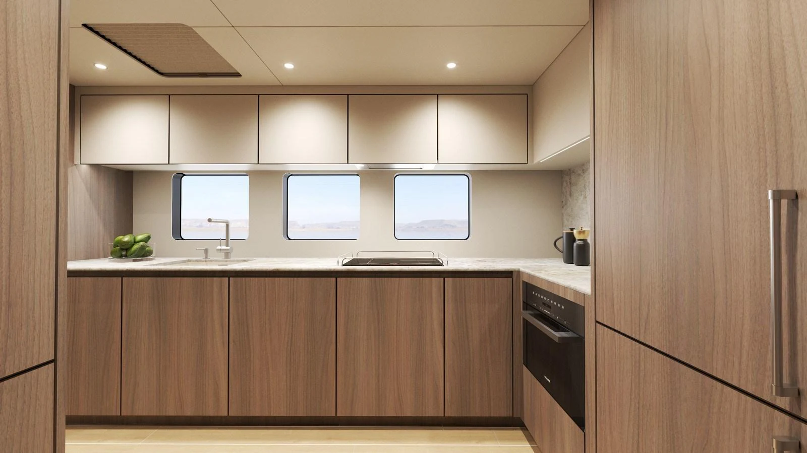 The yacht's galley features modern cabinetry, ample counter space, and large windows for natural light. aboard NEW MOON 70 POWER Yacht for Sale