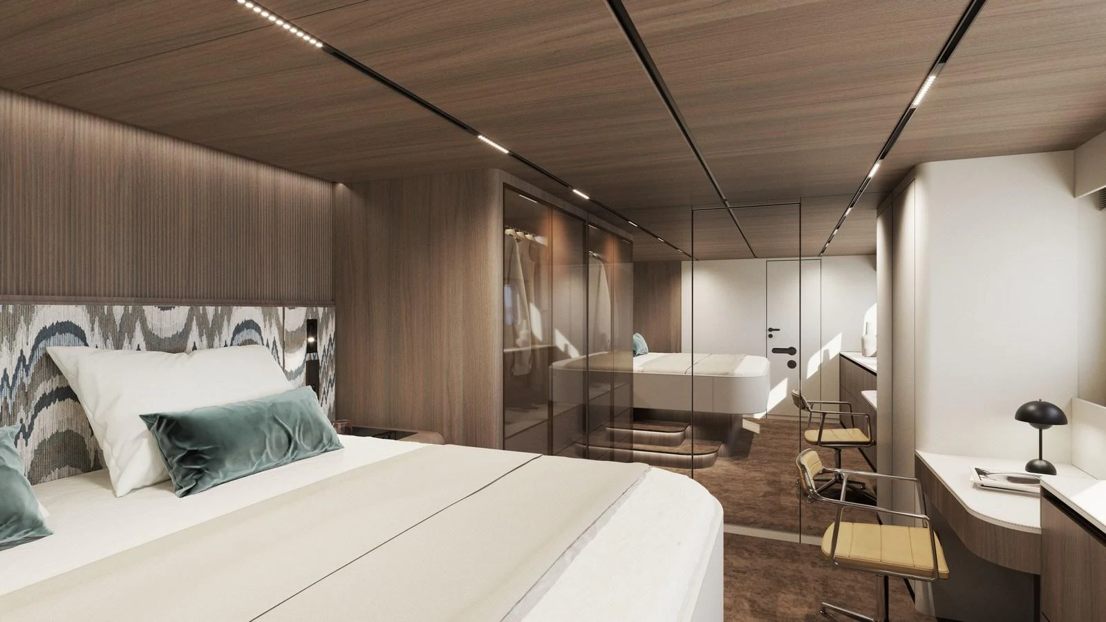 The master stateroom features elegant wood paneling and luxurious bedding. aboard NEW MOON 70 POWER Yacht for Sale