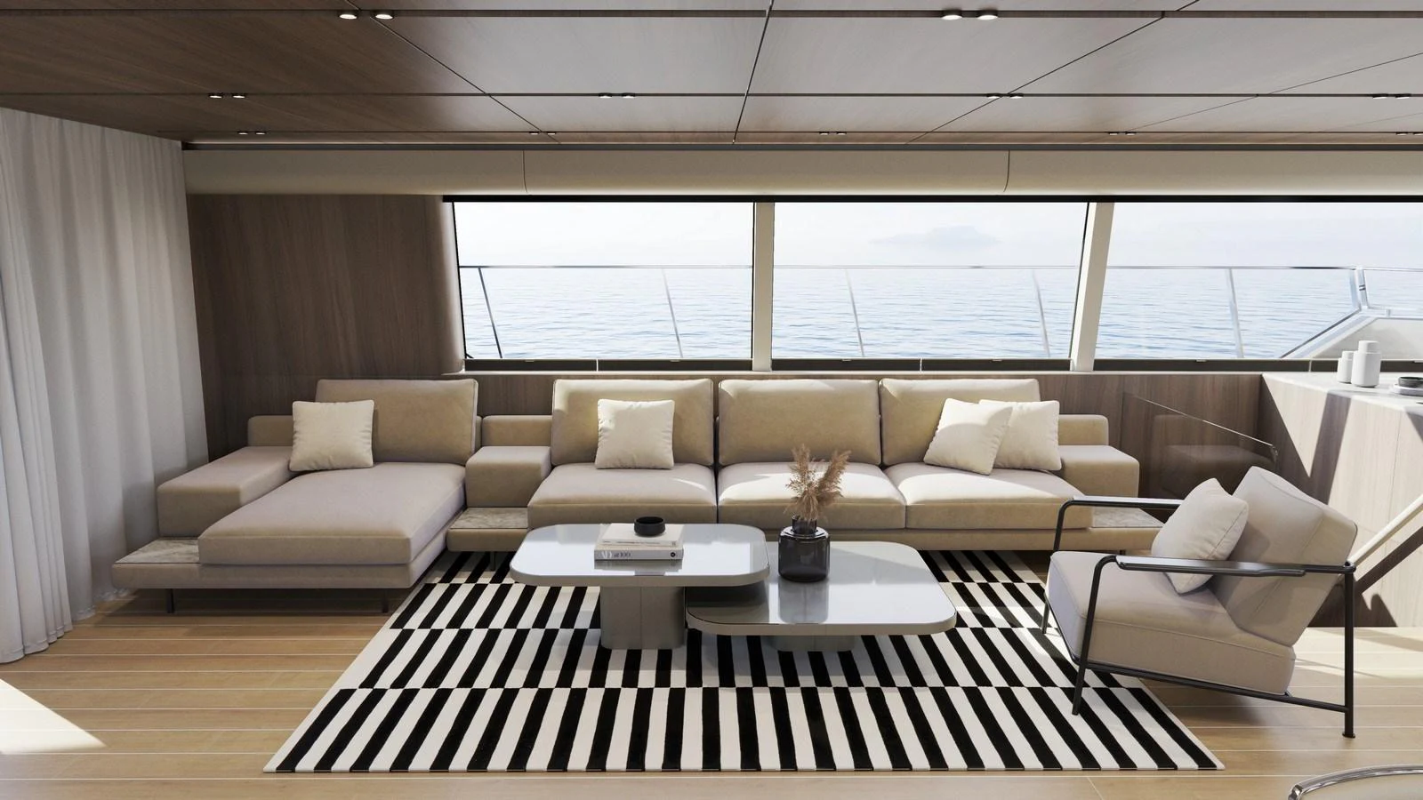 The salon offers a spacious and elegant seating area with panoramic ocean views. aboard NEW MOON 70 POWER Yacht for Sale