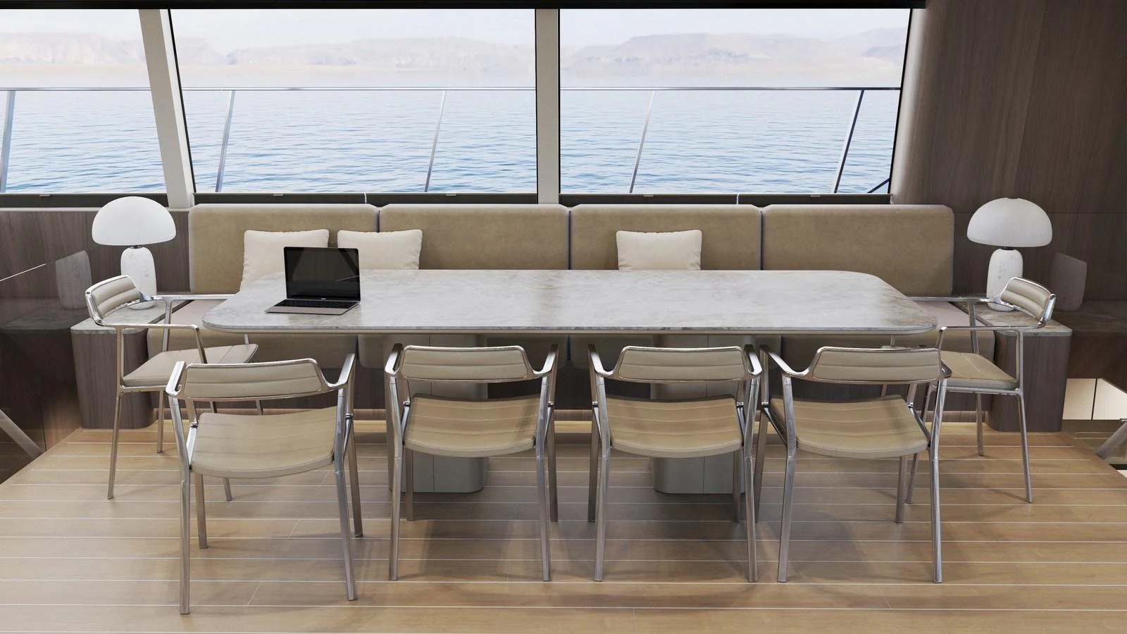 The yacht's interior features a sleek dining area with a long table and modern chairs, offering stunning views of the sea. aboard NEW MOON 70 POWER Yacht for Sale