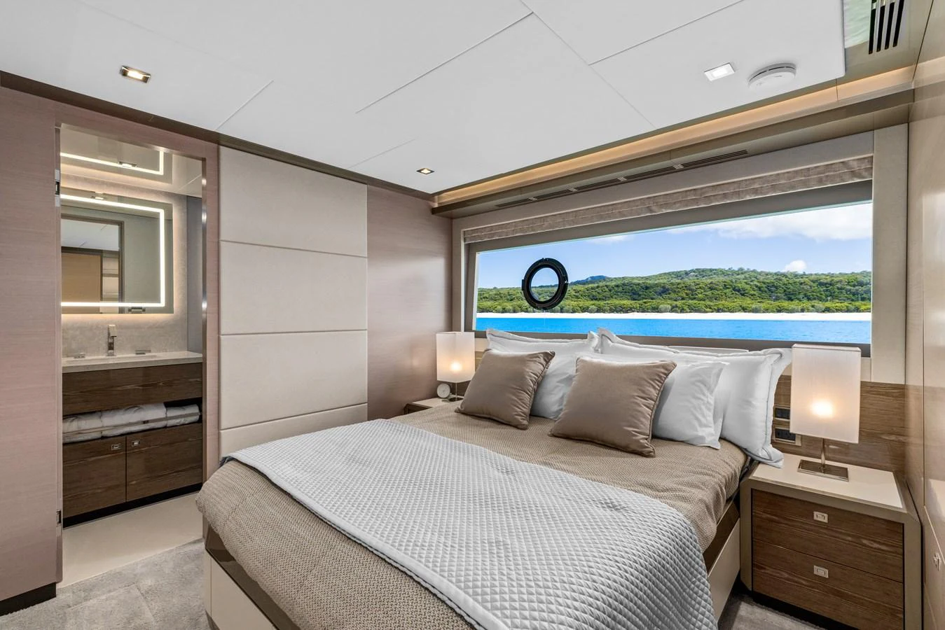 The master stateroom offers a luxurious and serene retreat with stunning views of the water. aboard G Yacht for Sale