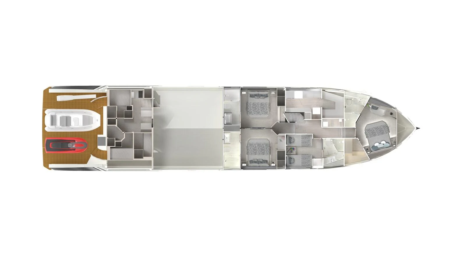 This image shows the detailed deck plan of the yacht, highlighting various rooms and areas. aboard G Yacht for Sale