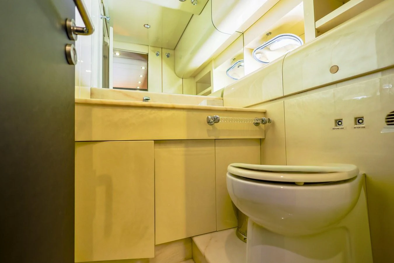 A compact and well-appointed yacht bathroom with modern fixtures. aboard SEA SQUIRTER Yacht for Sale