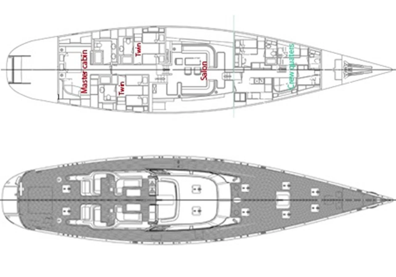 This image showcases the detailed deck plan of a luxurious yacht, highlighting various cabins and common areas. aboard EPIPHANY Yacht for Sale