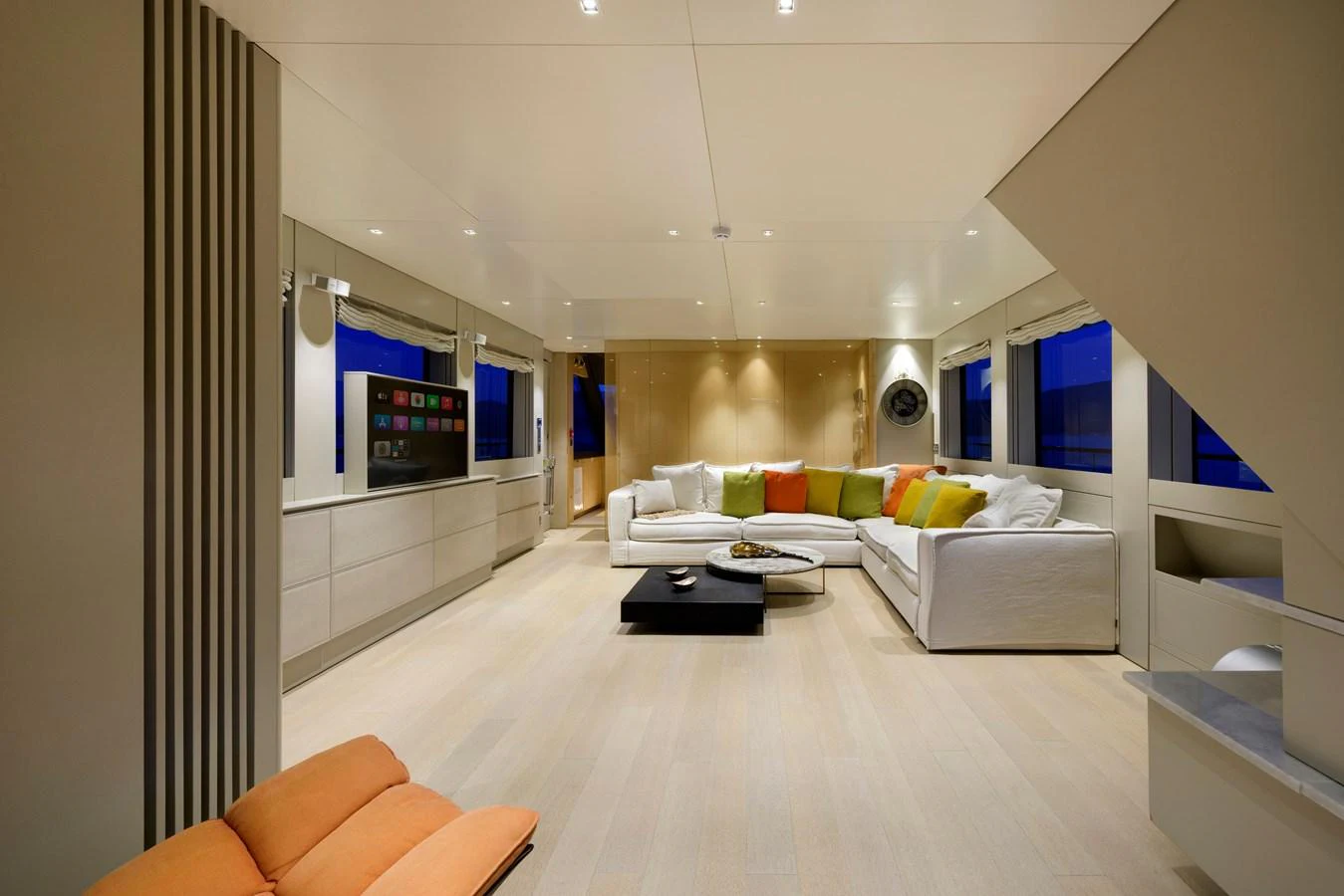 The yacht's salon features a spacious and modern living area with comfortable seating and stylish decor. aboard K Yacht for Sale