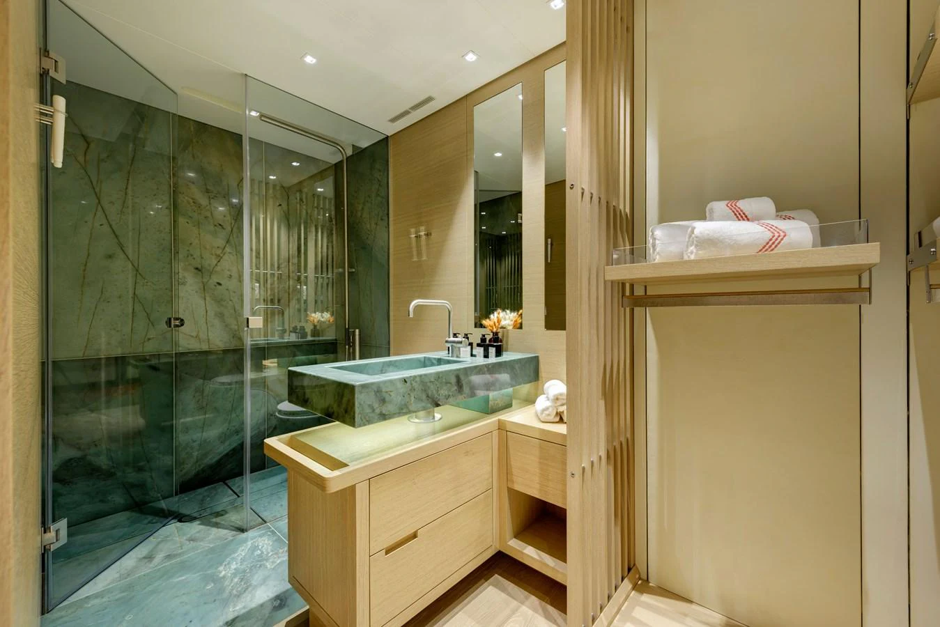 A luxurious bathroom with modern fixtures and elegant design. aboard K Yacht for Sale