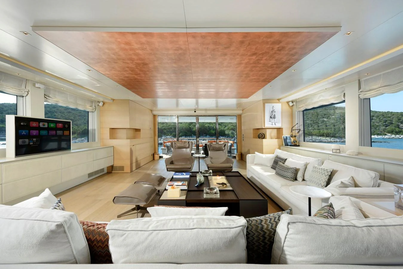 The salon offers a spacious and luxurious seating area with panoramic views. aboard K Yacht for Sale