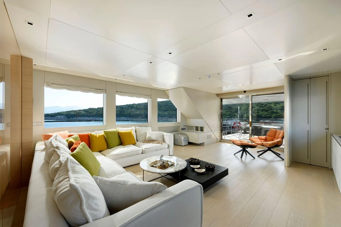 The spacious salon offers a comfortable and stylish seating area with panoramic views of the surrounding waters. aboard K Yacht for Sale