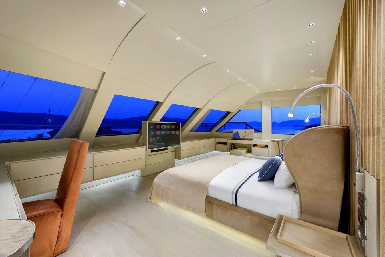 The master stateroom offers a luxurious and spacious retreat with panoramic views and modern amenities. aboard K Yacht for Sale